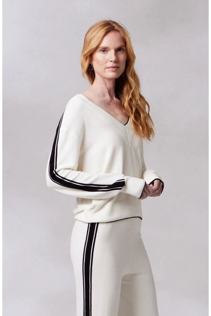Kashwere Women's Kash-chic V-Neck Contrast Stripe Track Sweater cream S NWT